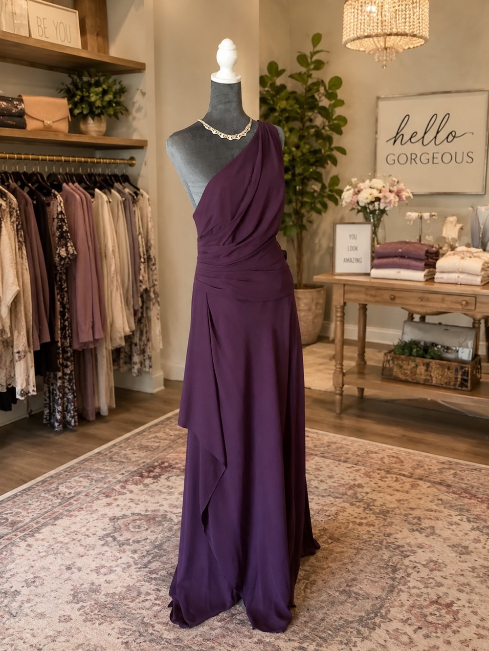Gown, plum color, David’s Bridal 14